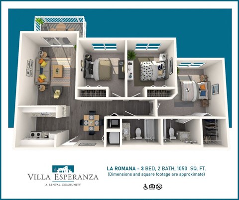 Floor plan for 3 beds, 2 baths, 1009 sqft